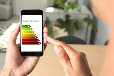 Image of Energy efficiency. Man using smartphone with colorful rating on display indoors, closeup