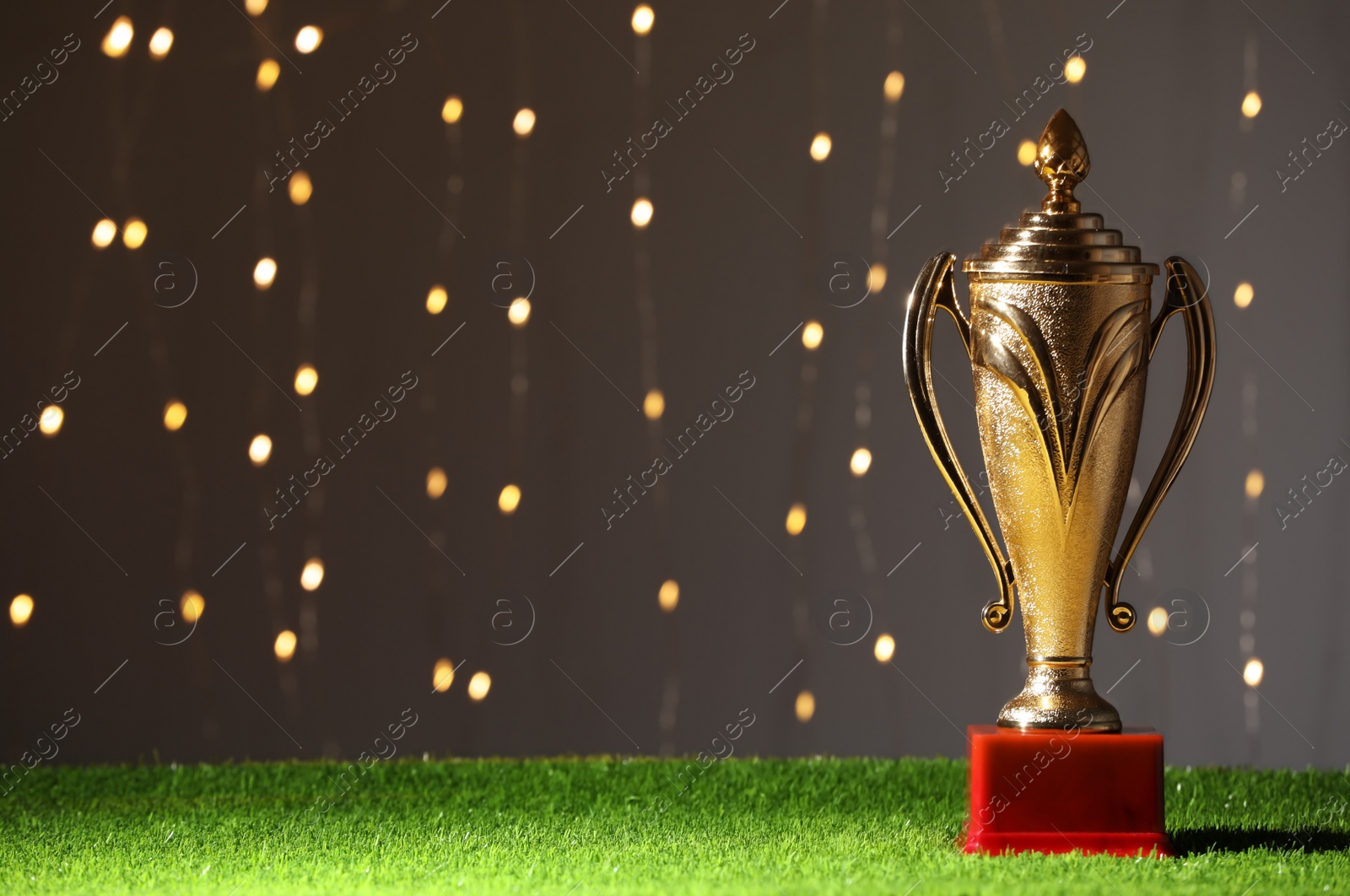 Photo of Golden trophy cup on green grass against blurred festive lights, space for text
