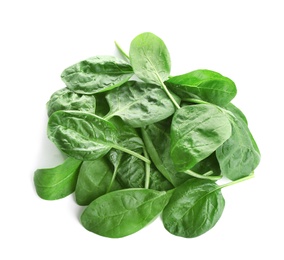 Heap of fresh green healthy baby spinach leaves isolated on white, top view