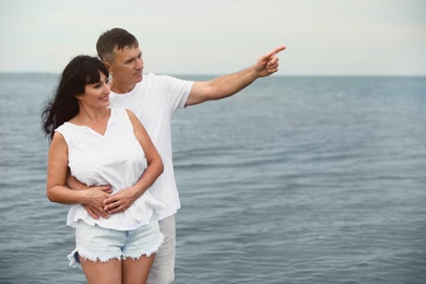 Happy mature couple spending time together on sea beach. Space for text