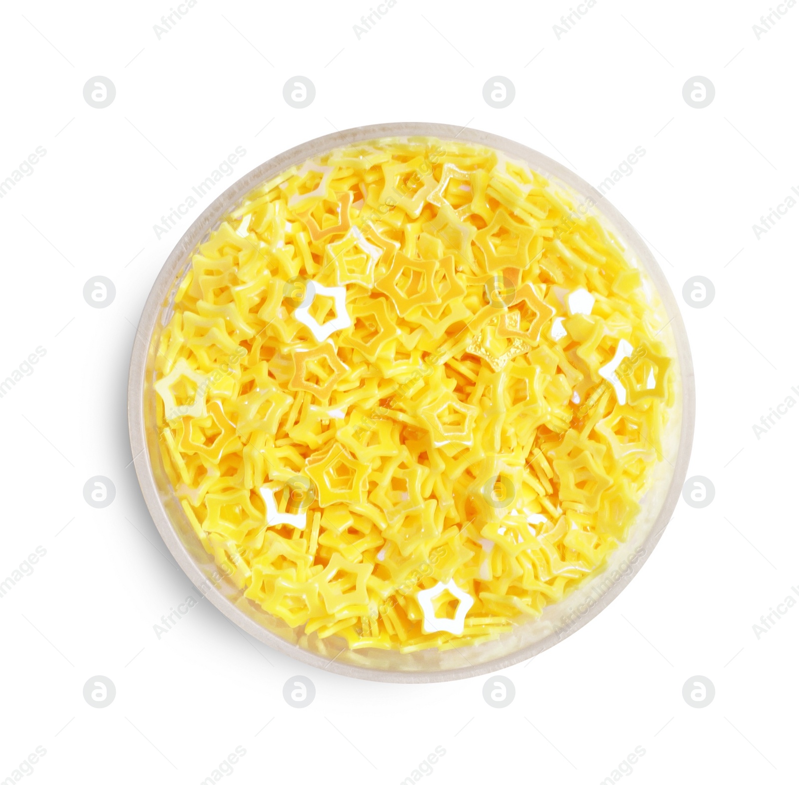 Photo of Yellow sequins in shape of stars on white background, top view