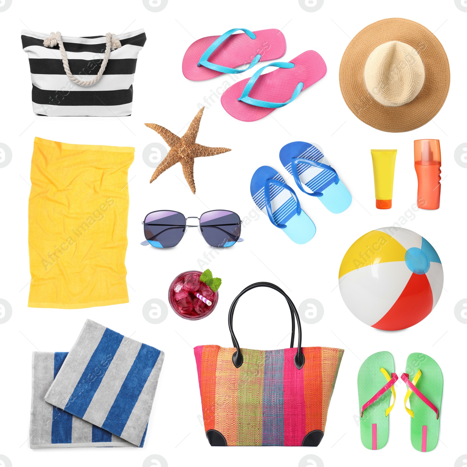 Image of Set with towels and other beach accessories on white background