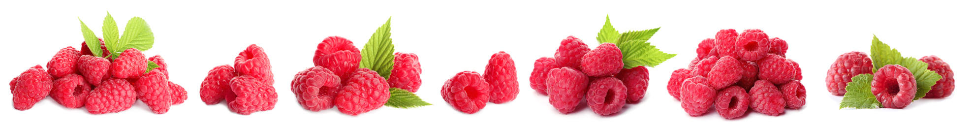 Image of Set of fresh ripe raspberries with green leaves on white background. Banner design