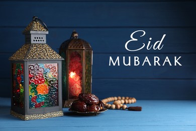 Image of Eid Mubarak greeting card. Arabic lanterns, misbaha and dates on blue wooden table