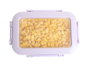 Photo of Frozen corn in plastic container isolated on white, top view. Vegetable preservation
