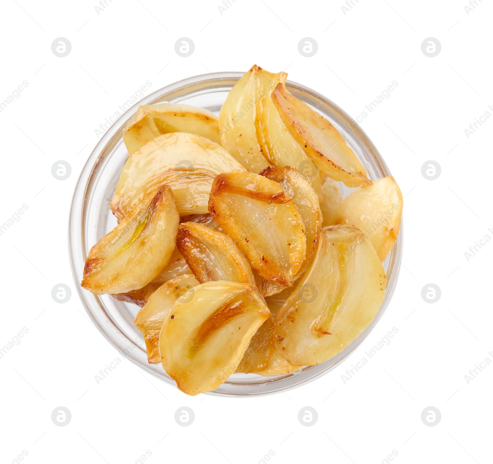 Photo of Fried garlic cloves in bowl isolated on white, top view