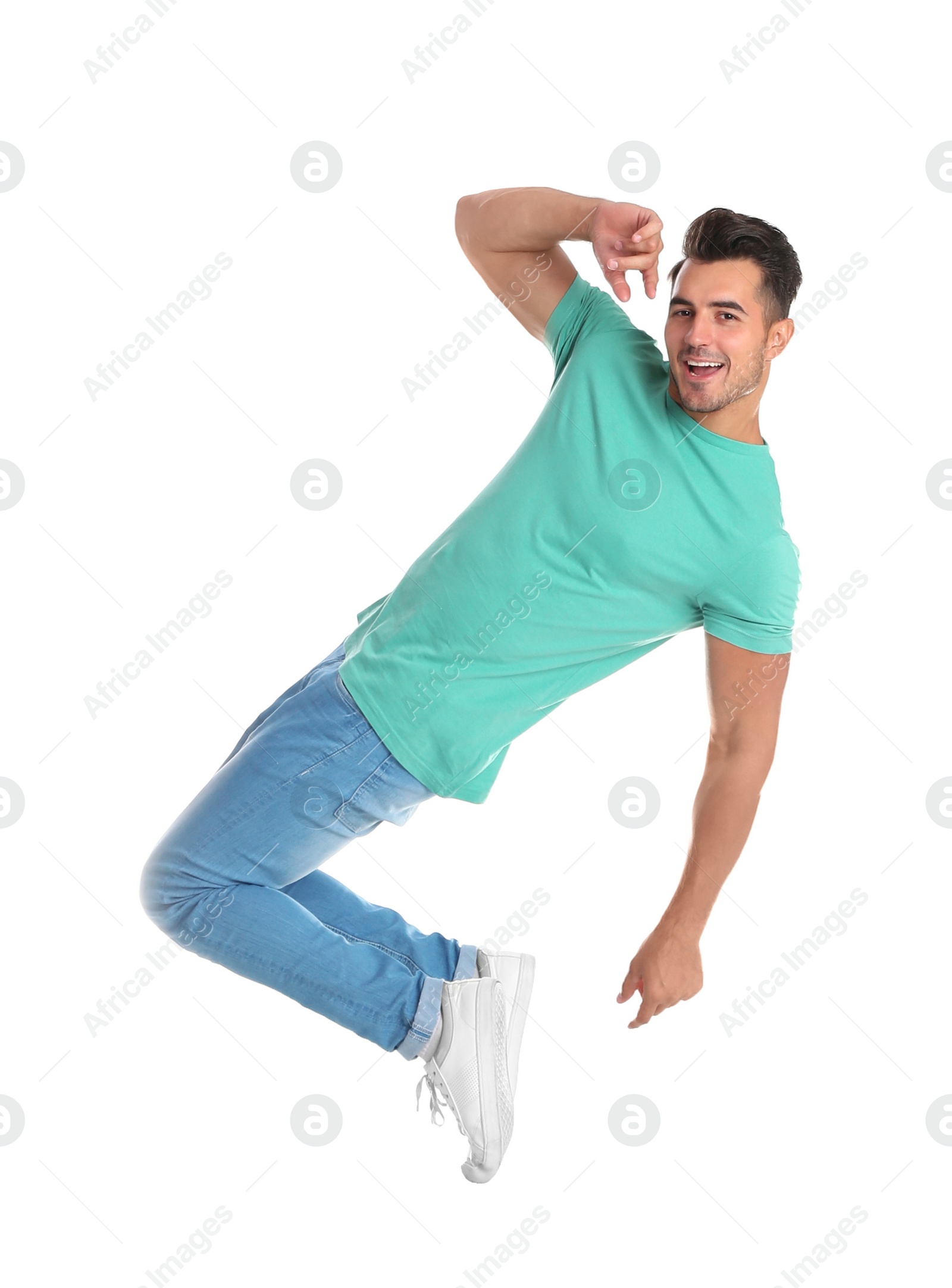 Photo of Young man in stylish jeans on white background