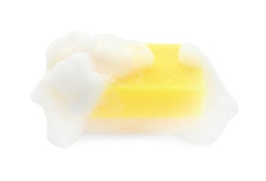 Photo of Yellow sponge with foam isolated on white