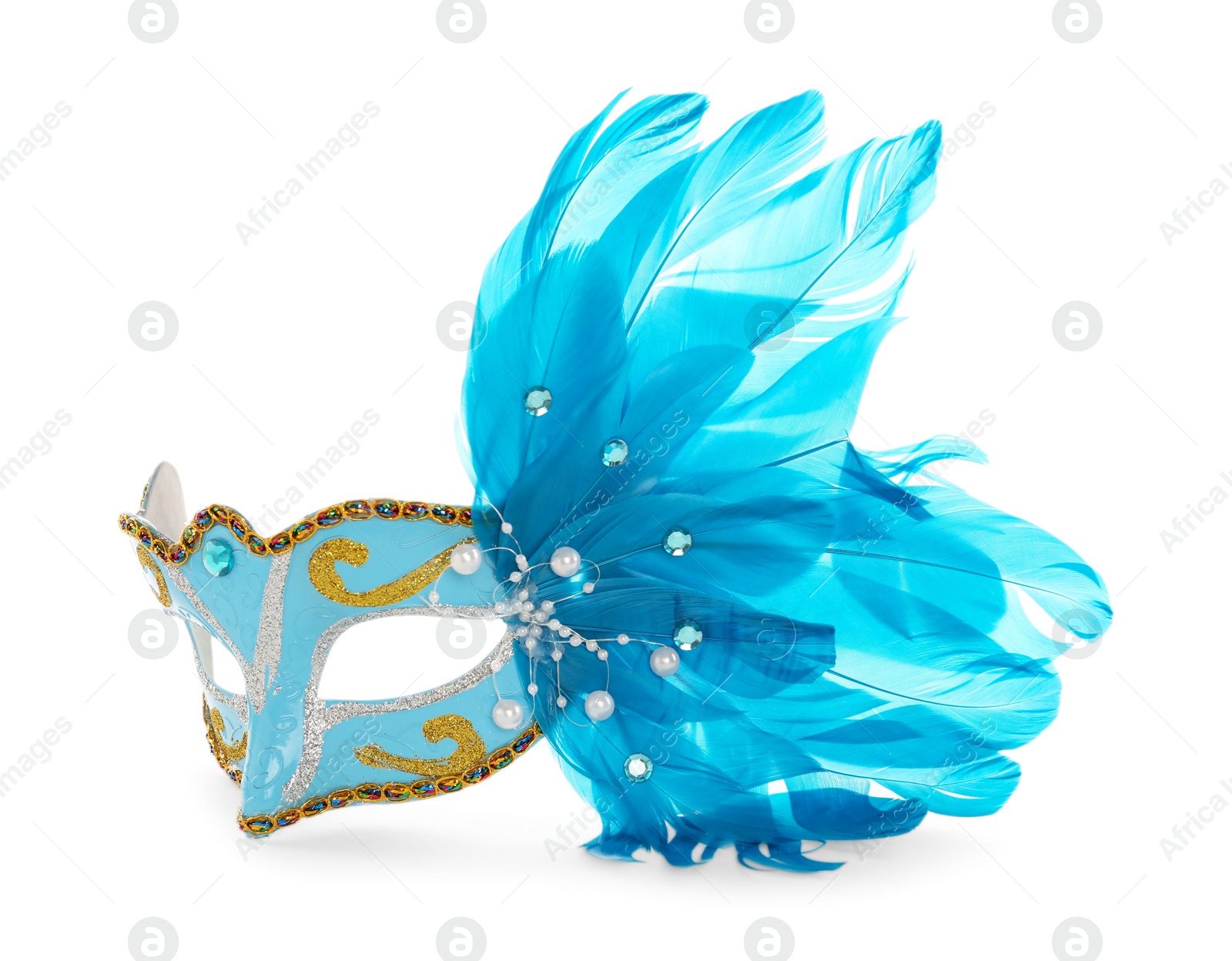 Photo of Beautiful light blue carnival mask isolated on white