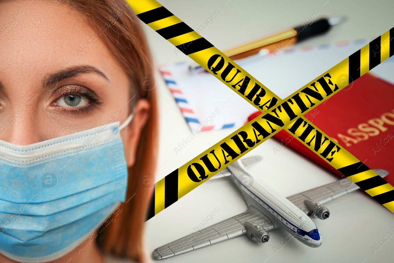Image of Stop travelling during coronavirus quarantine. Woman with medical mask and yellow awareness ribbons