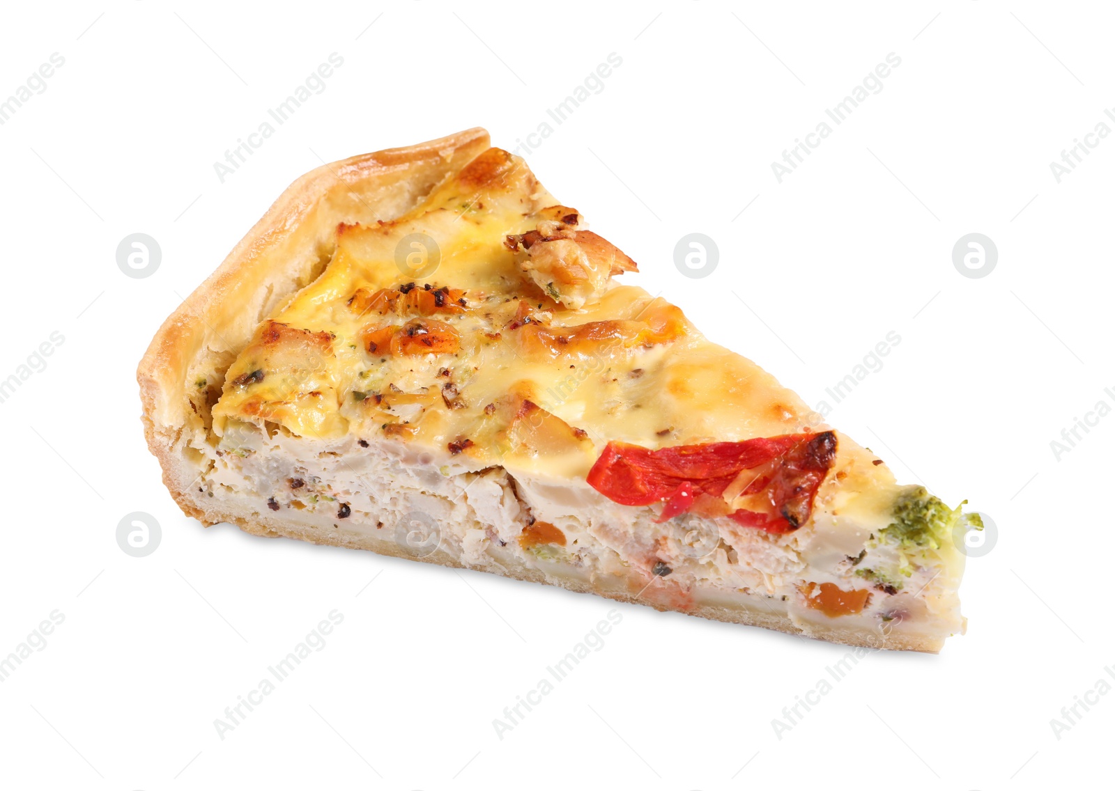 Photo of Piece of tasty quiche with chicken, cheese and vegetables isolated on white