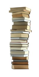 Photo of High stack of many different books isolated on white