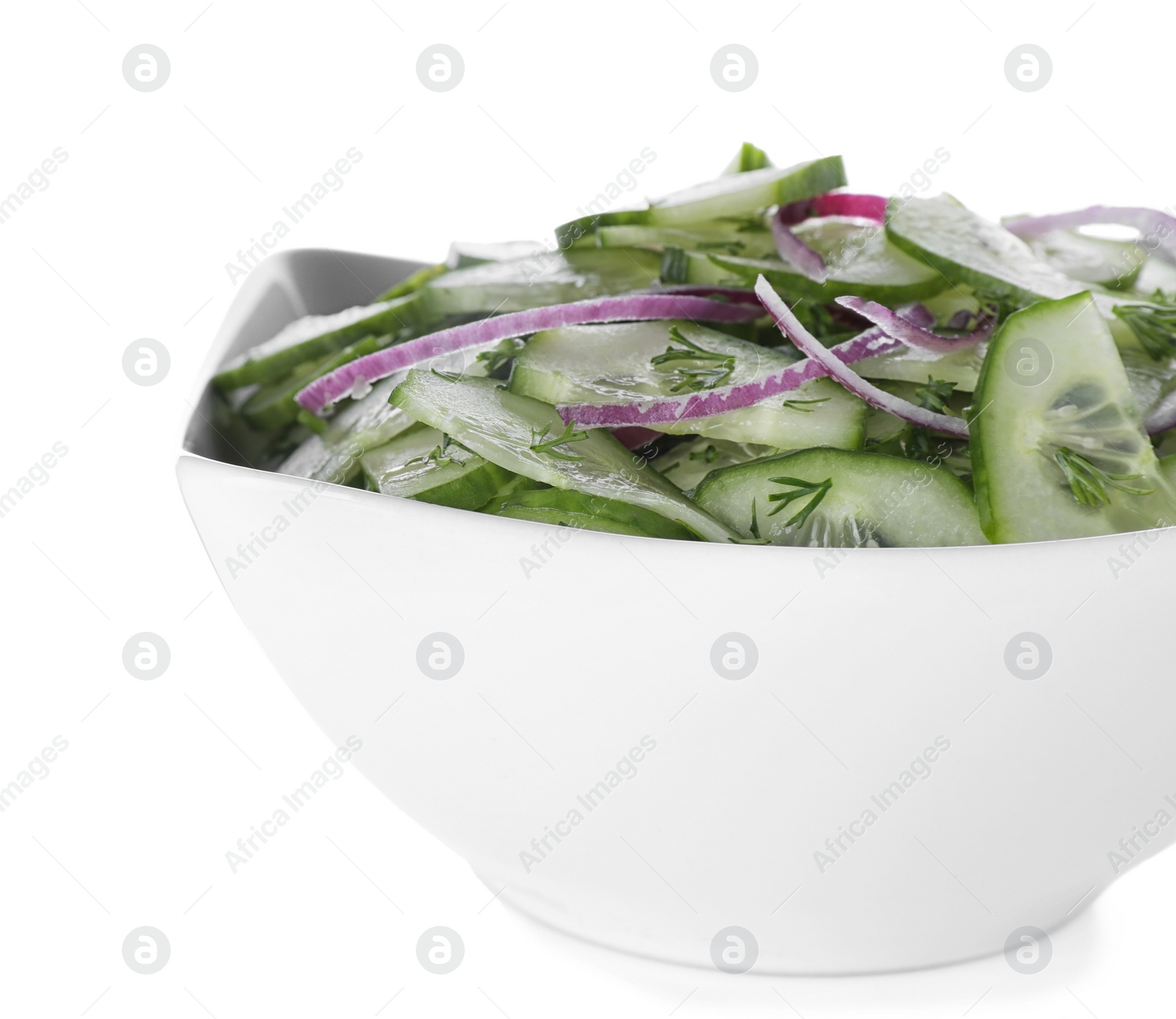 Photo of Fresh tasty salad with cucumber in bowl on white background