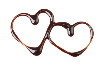 Photo of Hearts made of melted chocolate on white background