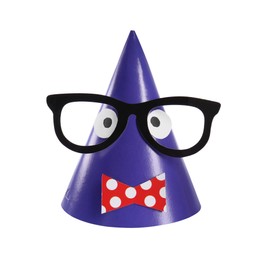 Photo of Bright party hat with funny face isolated on white. Handmade decoration
