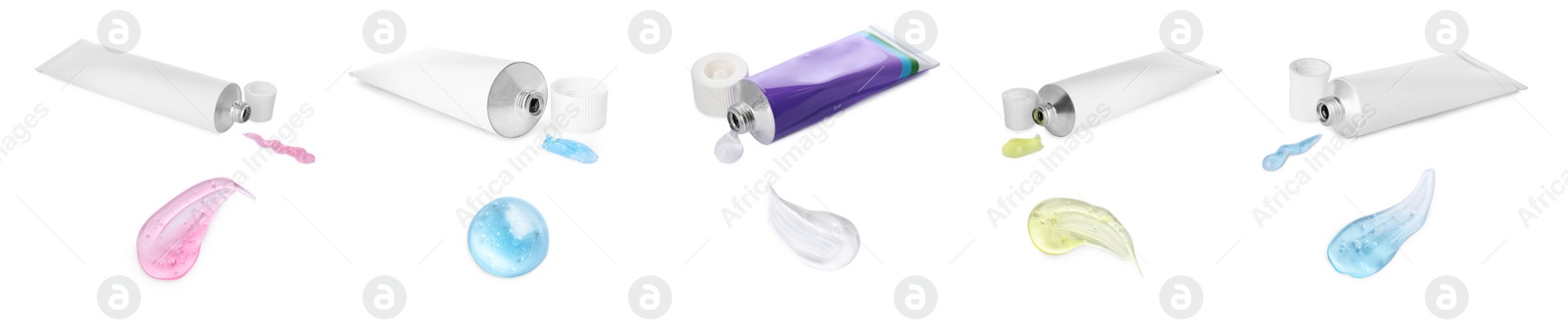 Image of Collage with tubes of ointments on white background