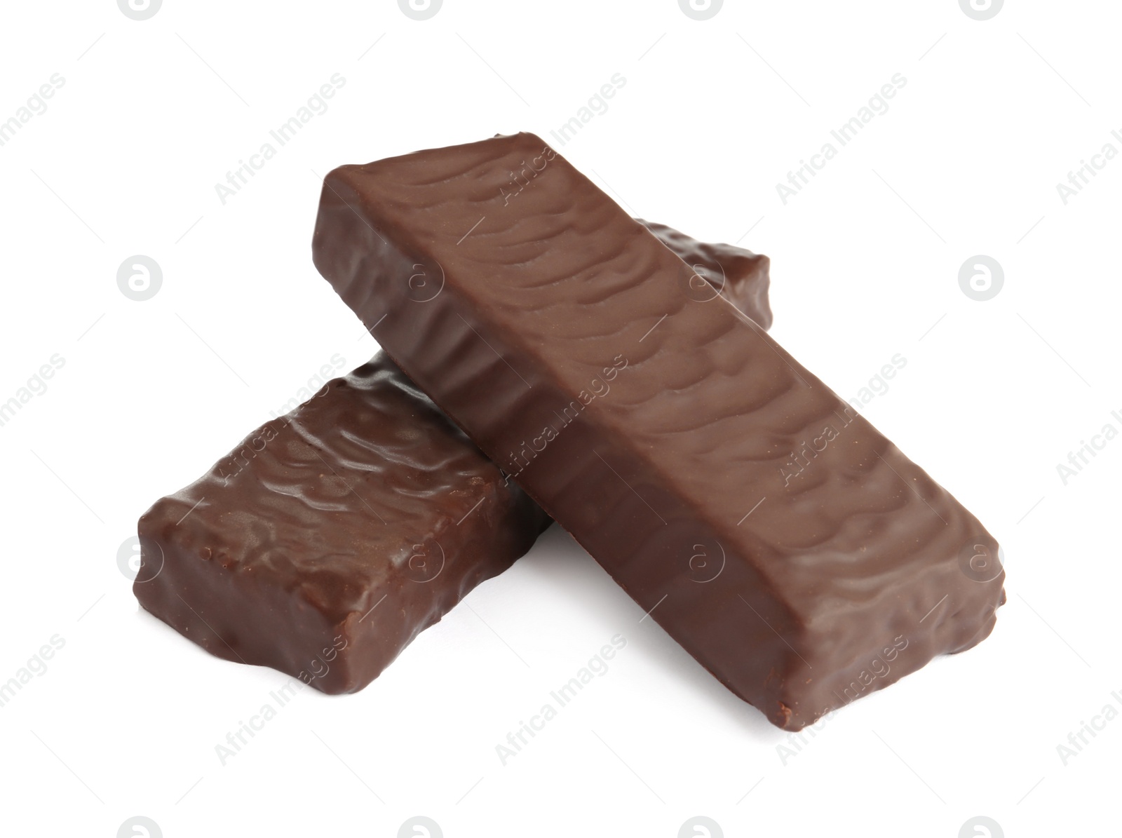 Photo of Tasty chocolate glazed protein bars on white background. Healthy snack