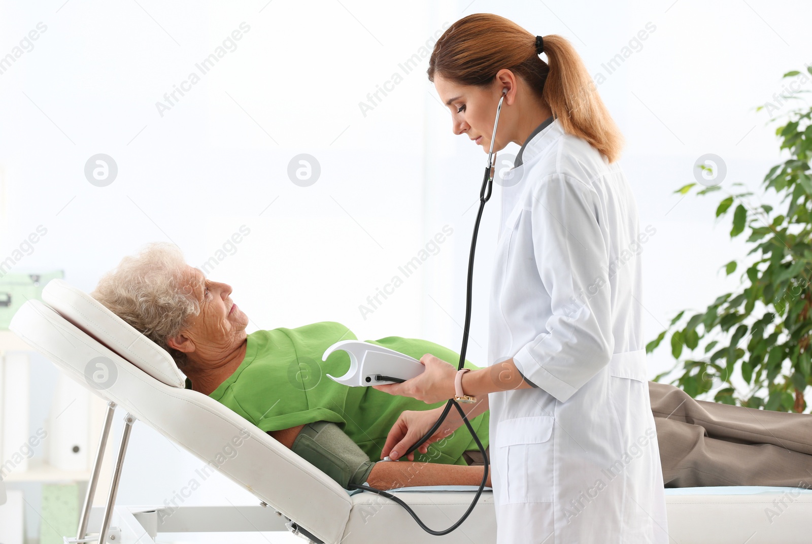 Photo of Doctor measuring blood pressure of elderly patient in hospital