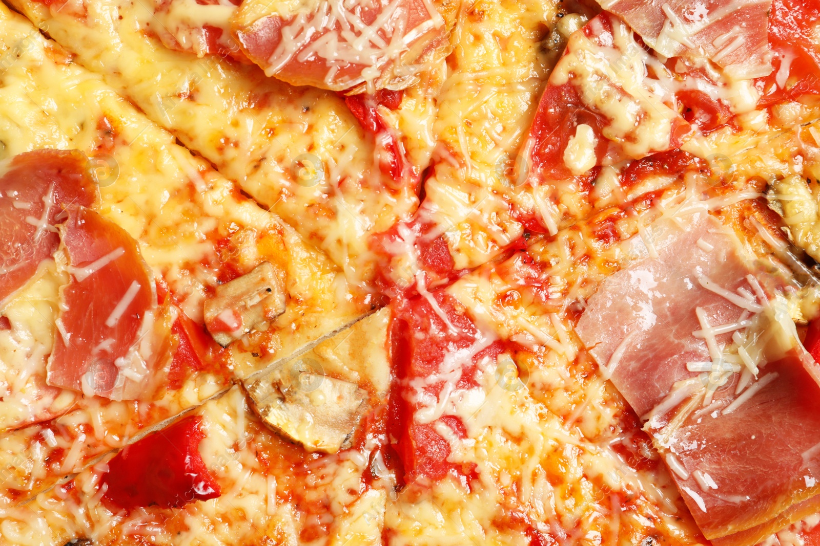 Photo of Delicious pizza with bacon as background, closeup