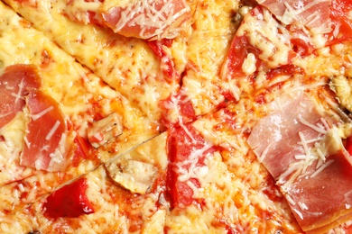 Delicious pizza with bacon as background, closeup