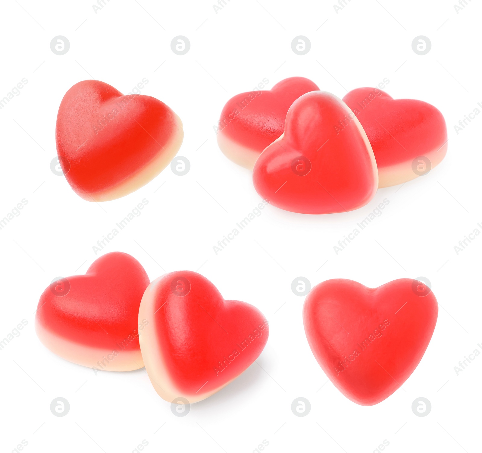 Image of Set with heart-shaped chewy candies isolated on white