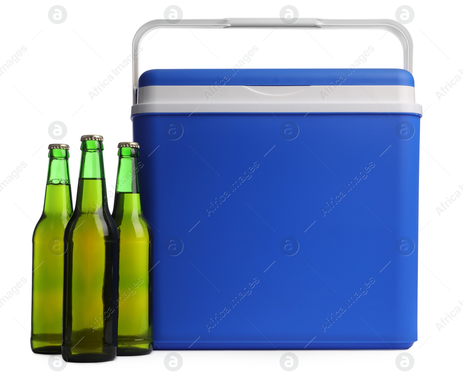Photo of Blue plastic cool box with bottles isolated on white