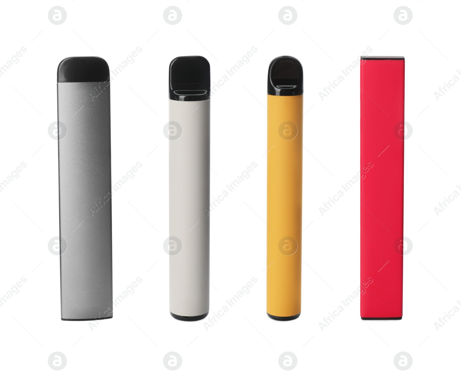 Image of Set with different electronic smoking devices on white background