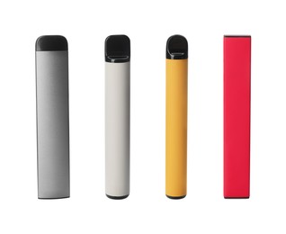 Image of Set with different electronic smoking devices on white background