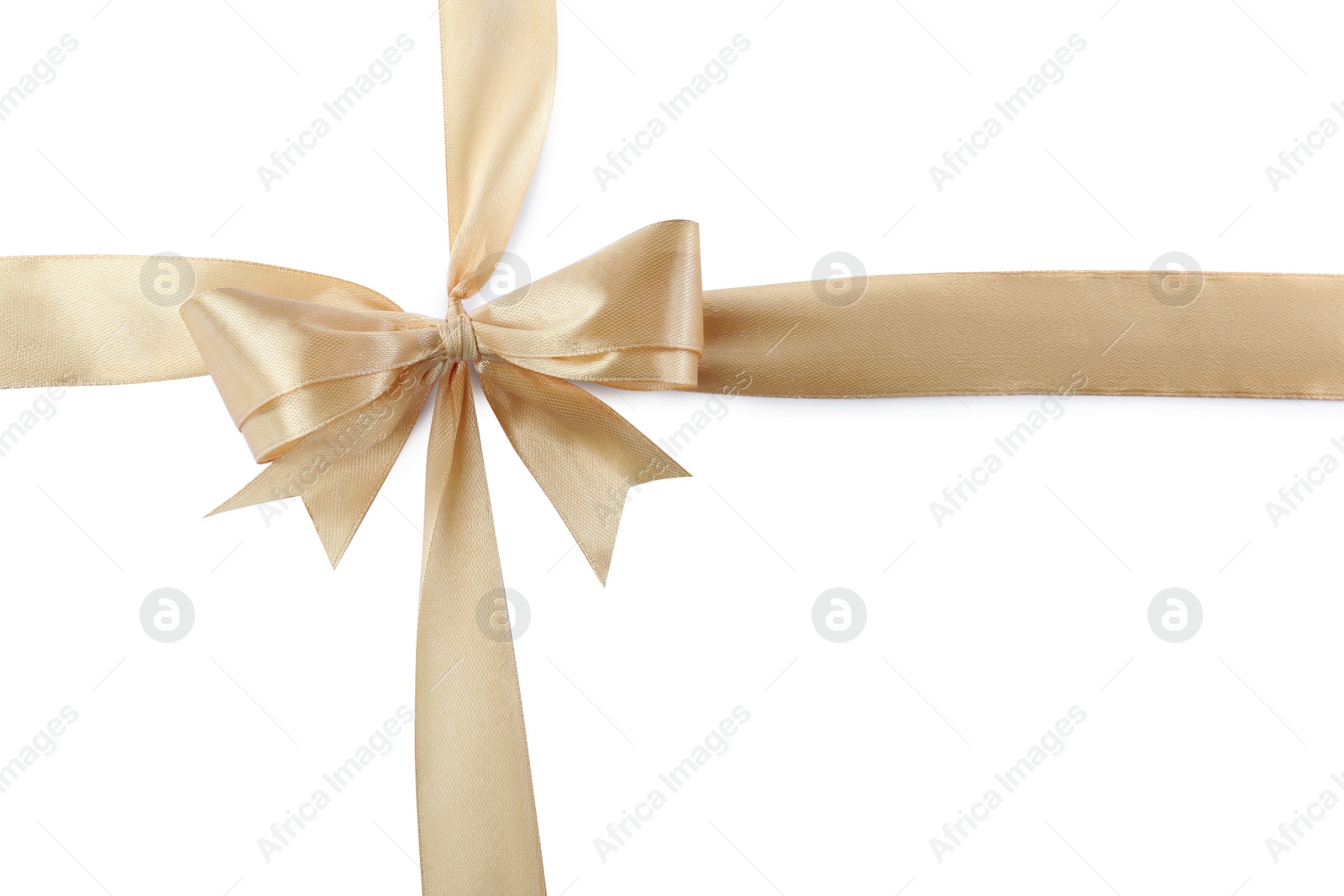 Photo of Golden satin ribbons with bow on white background, top view