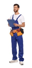 Photo of Professional plumber with clipboard and tool belt on white background