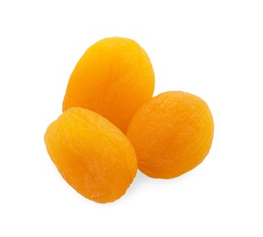 Photo of Tasty apricots on white background, top view. Dried fruits