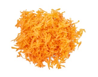 Photo of Heap of fresh grated carrot isolated on white, top view