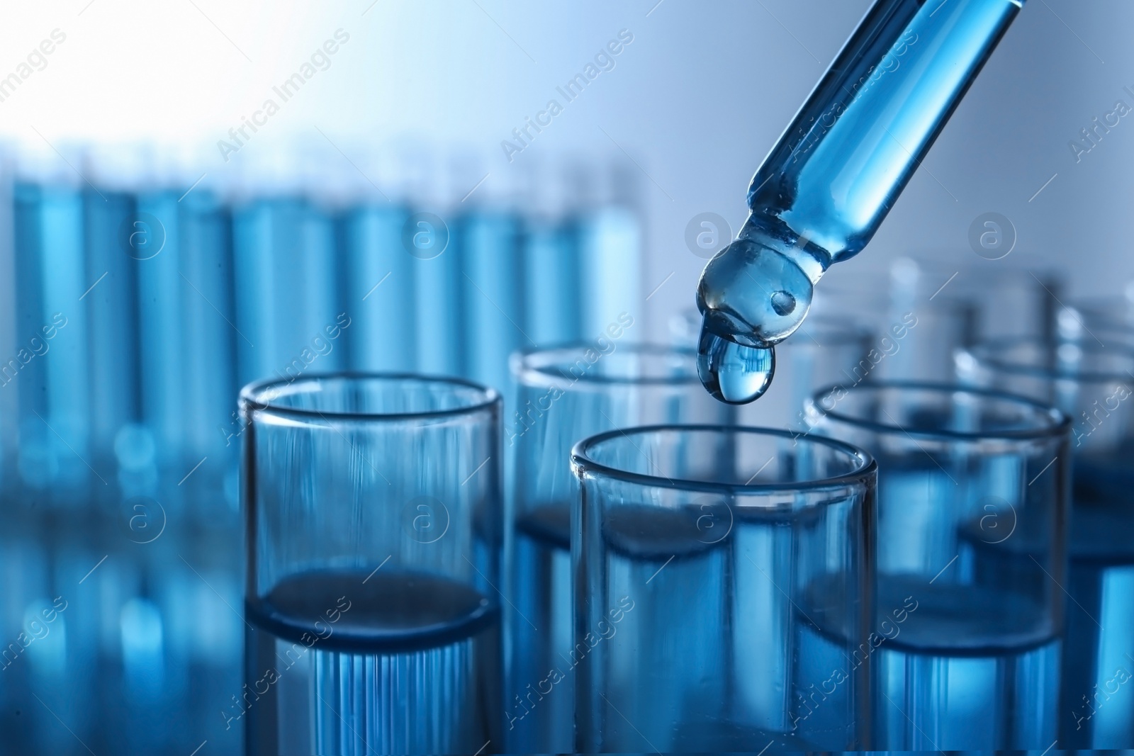 Photo of Dripping reagent into test tube with sample, closeup. Laboratory analysis