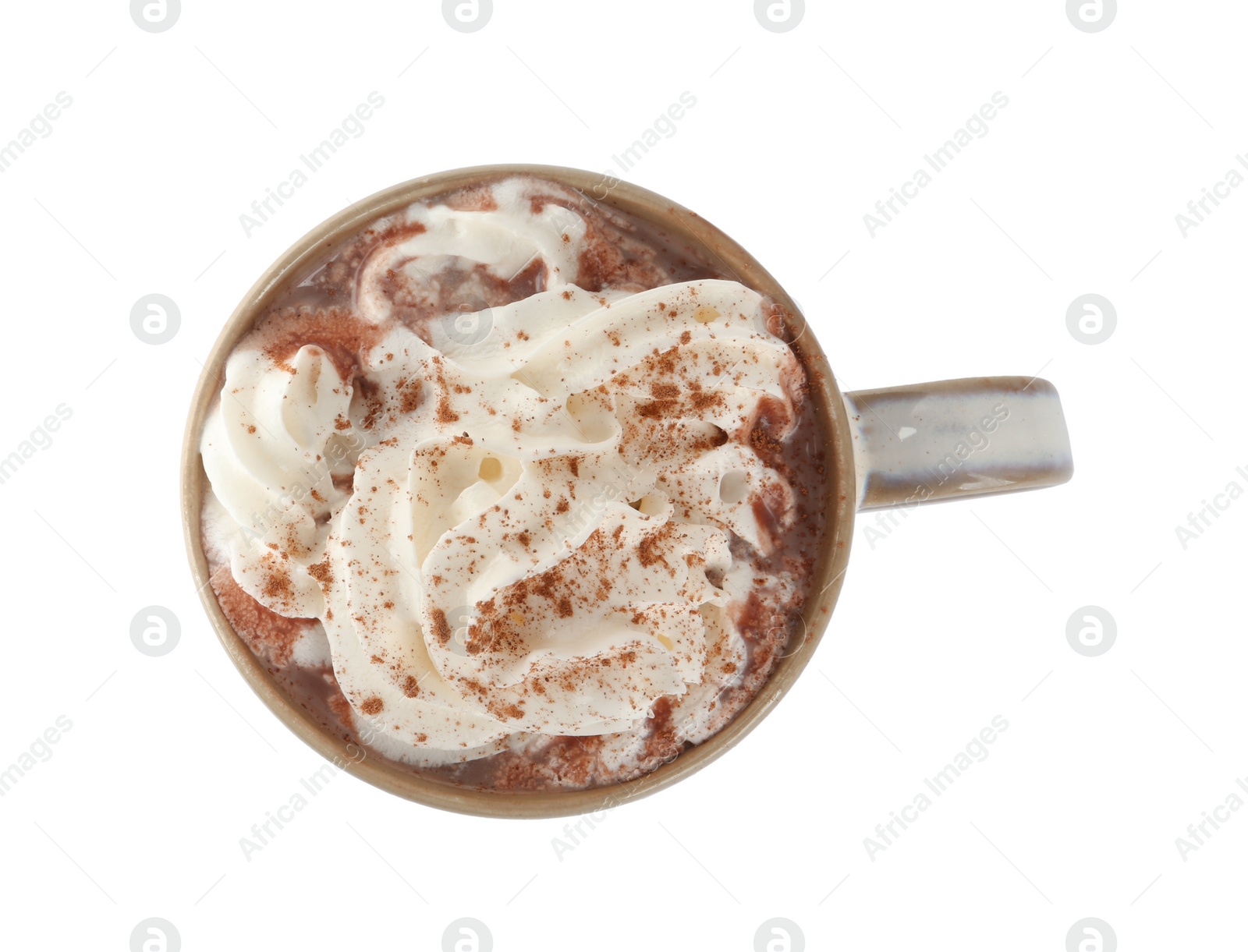 Photo of Cup of delicious hot chocolate with whipped cream  isolated on white, top view