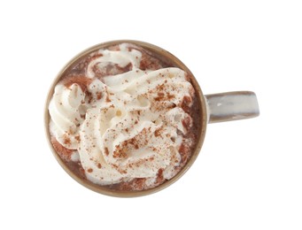 Photo of Cup of delicious hot chocolate with whipped cream  isolated on white, top view