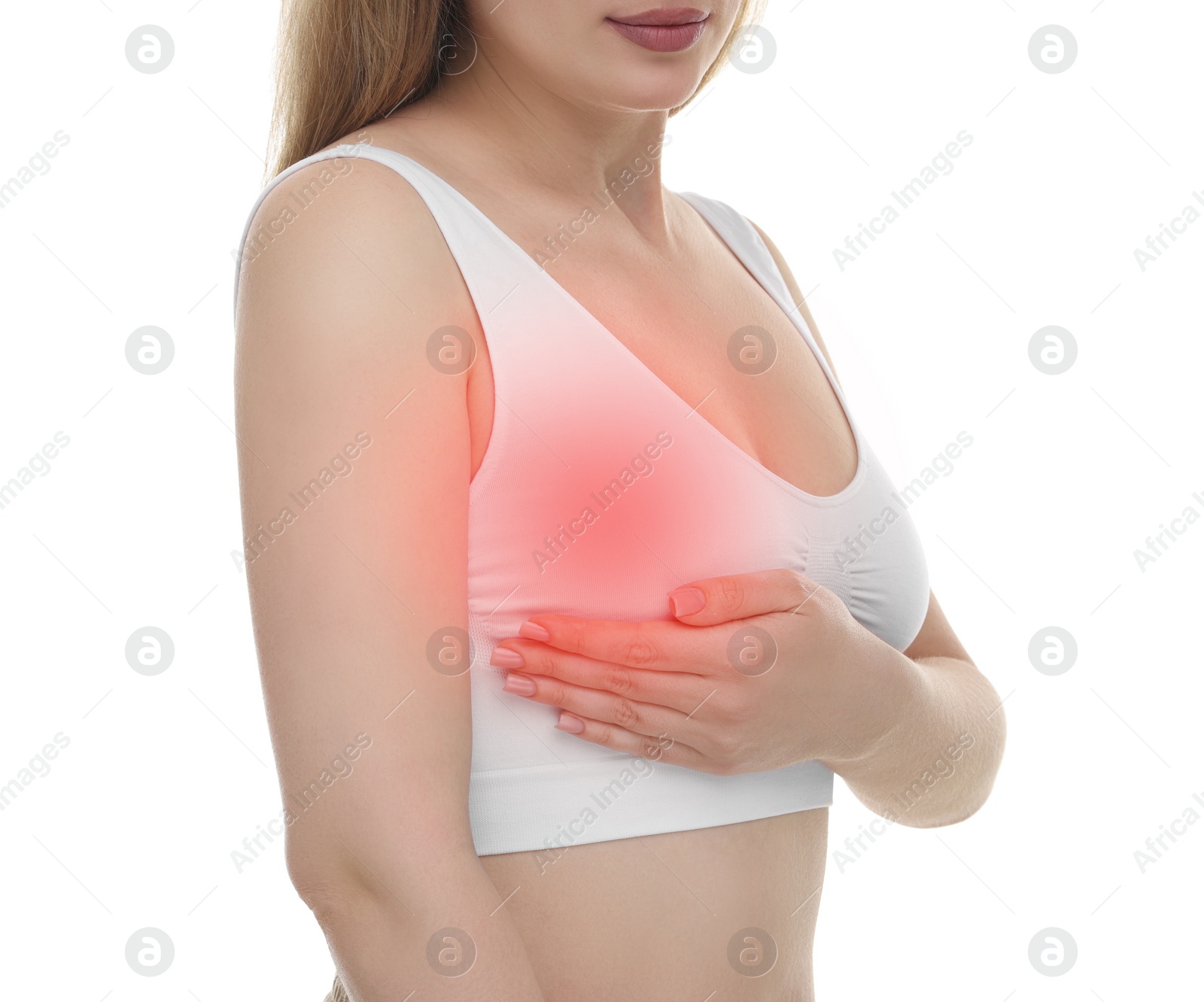 Image of Young woman suffering from breast pain on white background, closeup