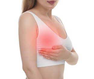 Image of Young woman suffering from breast pain on white background, closeup