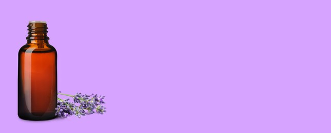 Image of Bottle of lavender essential oil and flowers on violet background, space for text. Banner design