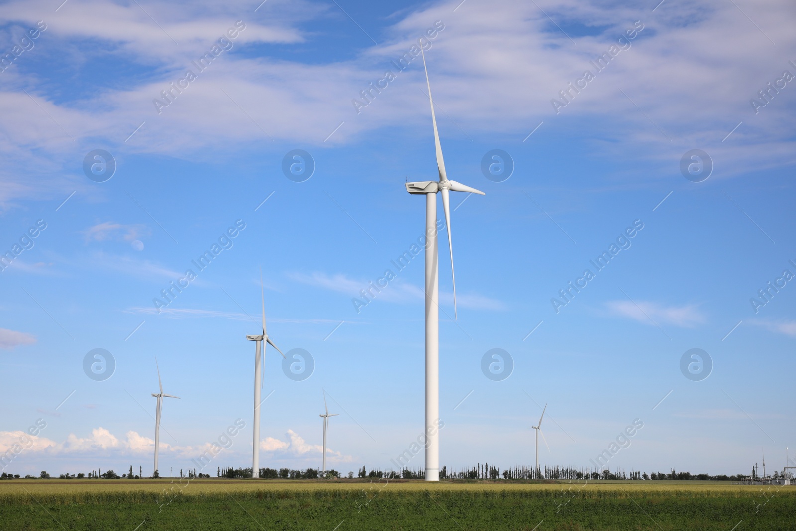 Photo of Beautiful view of field with wind turbines. Alternative energy source