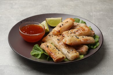 Photo of Tasty fried spring rolls with lettuce, lime and sauce on gray table