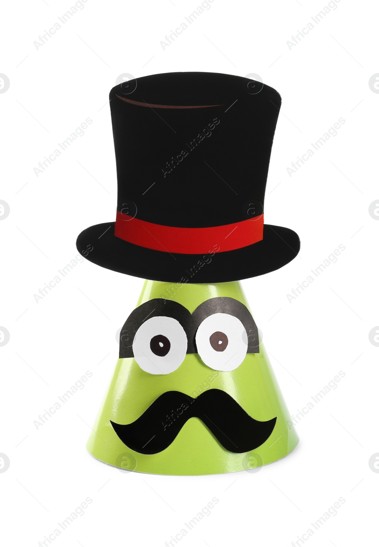 Photo of Bright party hat with funny face isolated on white. Handmade decoration