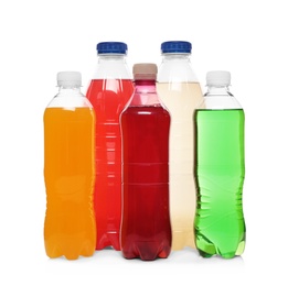 Photo of Bottles of soft drinks on white background