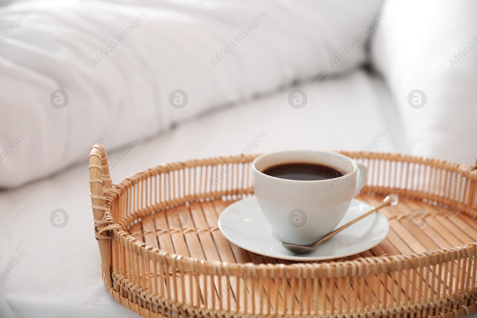 Photo of Tray with cup of fresh hot coffee at home