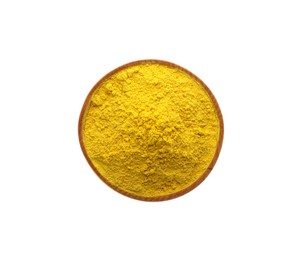Photo of Yellow powder in bowl isolated on white, top view. Holi festival celebration