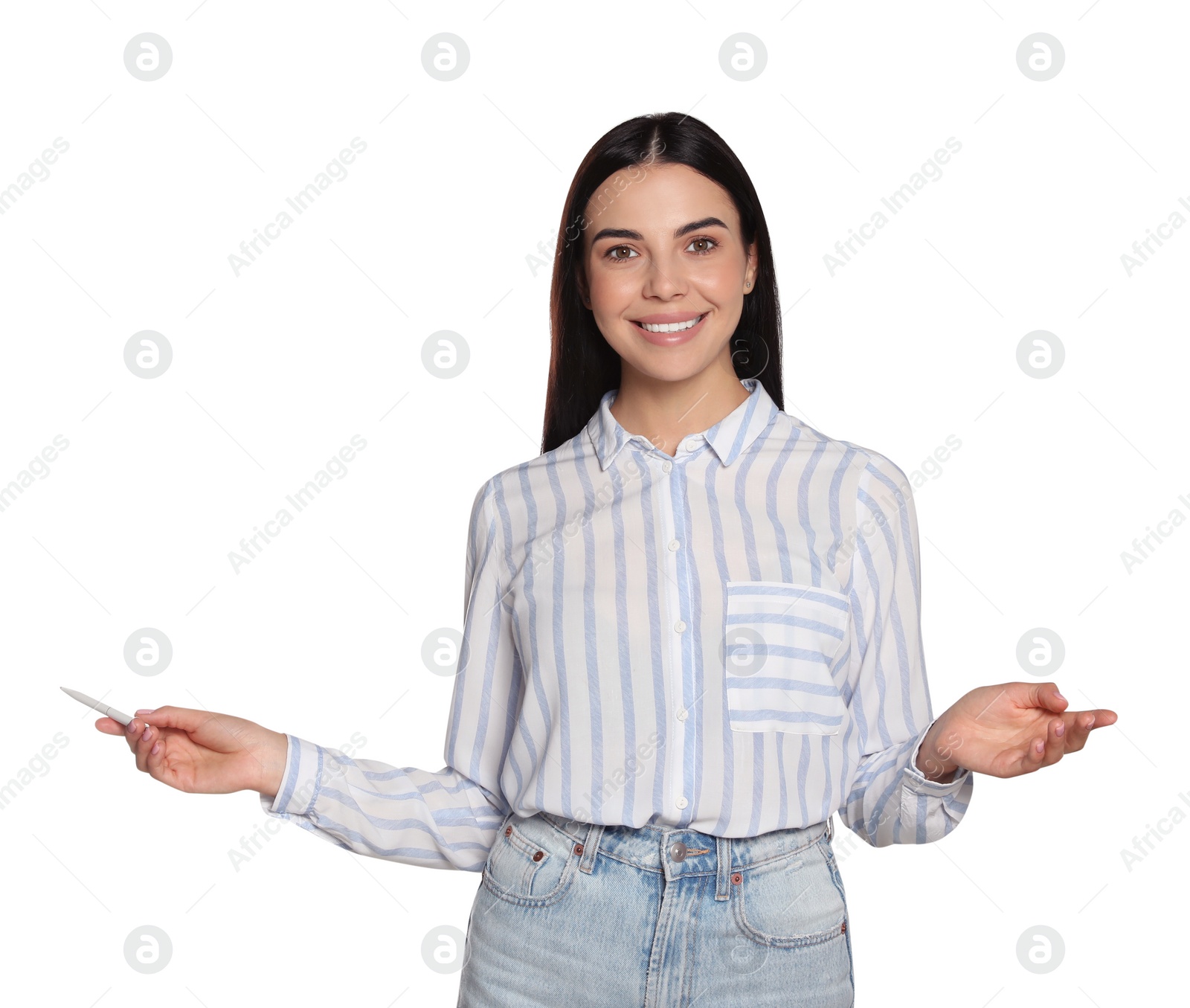 Photo of Beautiful young woman on white background. Weather forecast