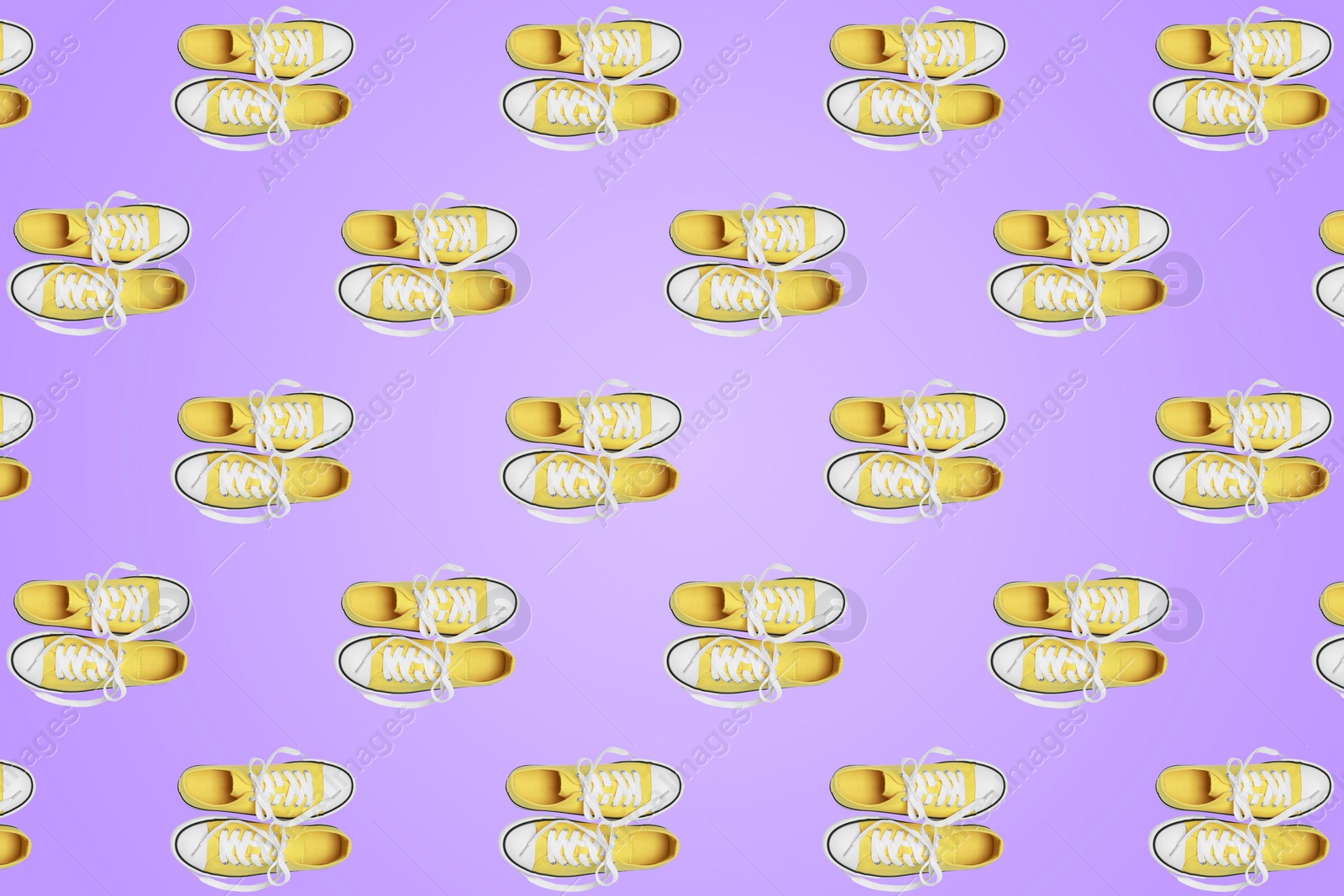 Image of Collage of classic old school yellow sneakers on lilac background, top view