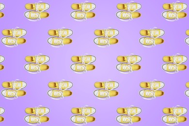 Collage of classic old school yellow sneakers on lilac background, top view