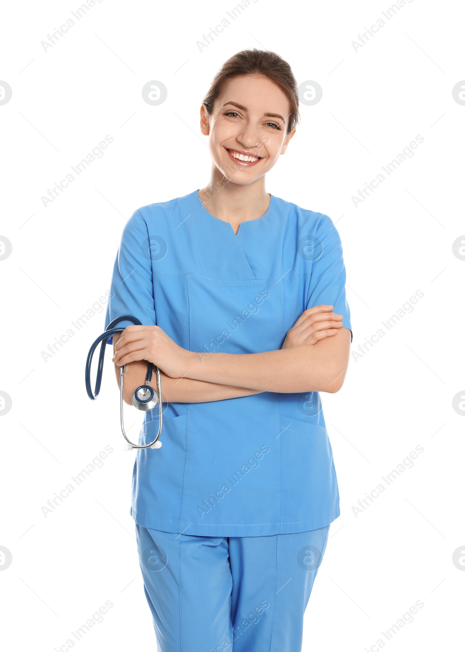 Photo of Portrait of medical doctor with stethoscope isolated on white