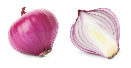 Image of Cut and whole red onion on white background. Banner design