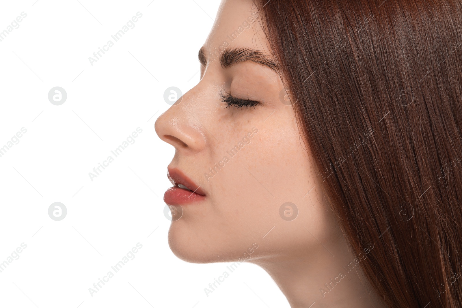 Photo of Portrait of beautiful woman with freckles on white background, closeup